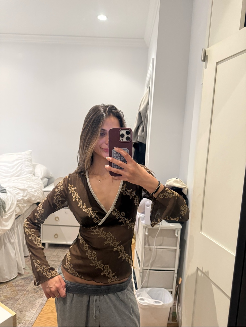 Brown Floral Wrap-Style Long Sleeve Top